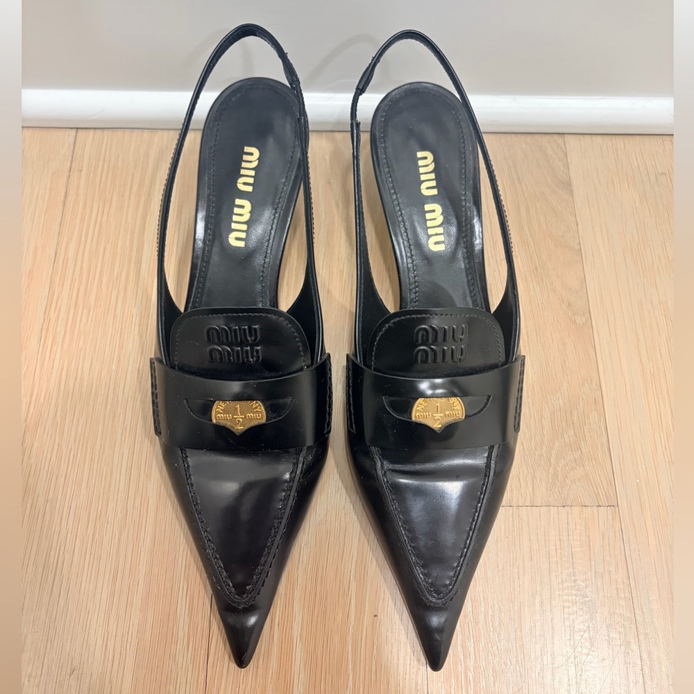 Miu Miu Slingback Leather Penny Loafers Size 40